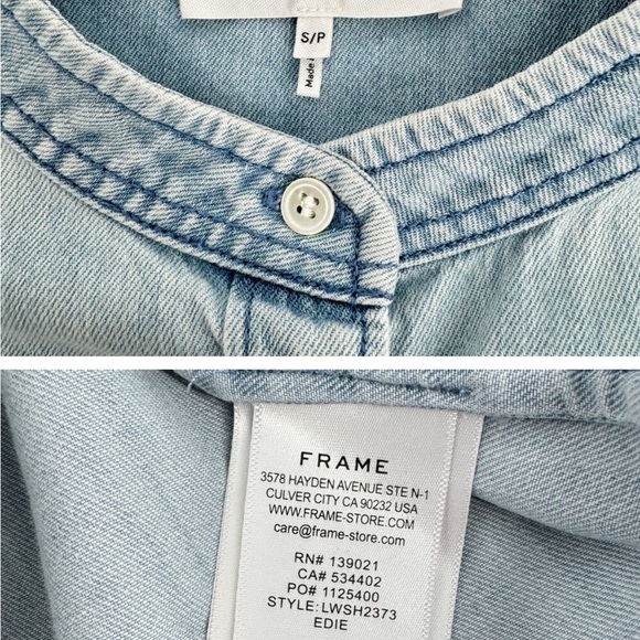 FRAME Charlie Puff Sleeve Denim Chambray Button-Up Top Blue Size Small P - Picture 3 of 4